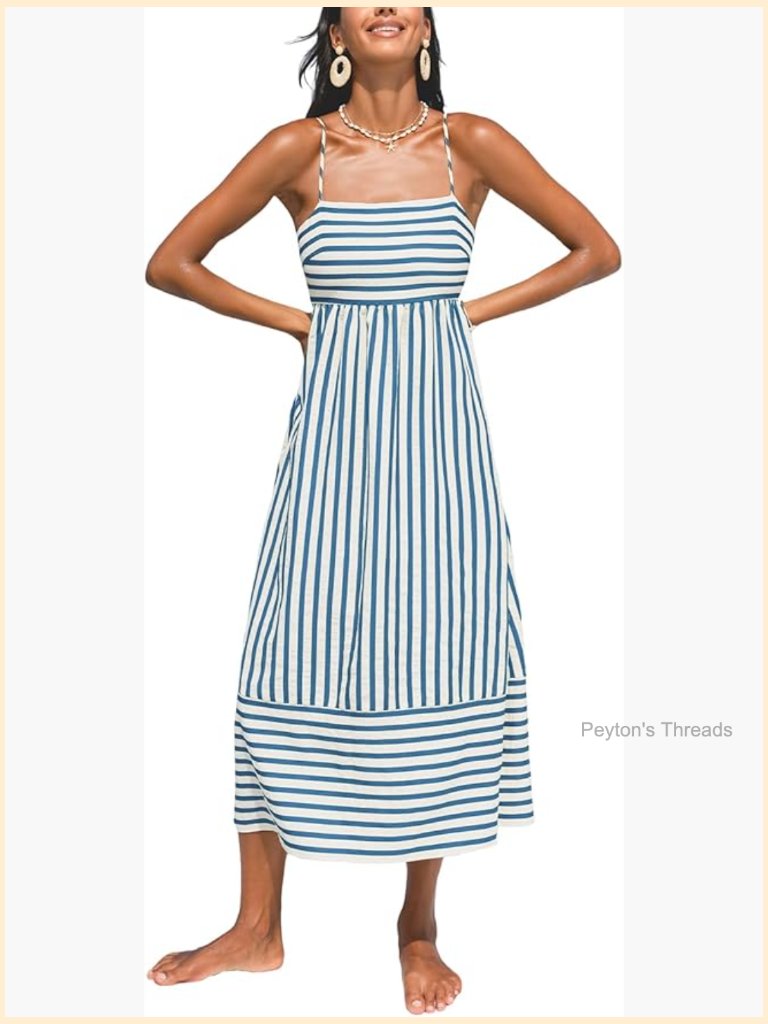Striped Sleeveless Square Neck Backless Cami Strap Maxi Dress